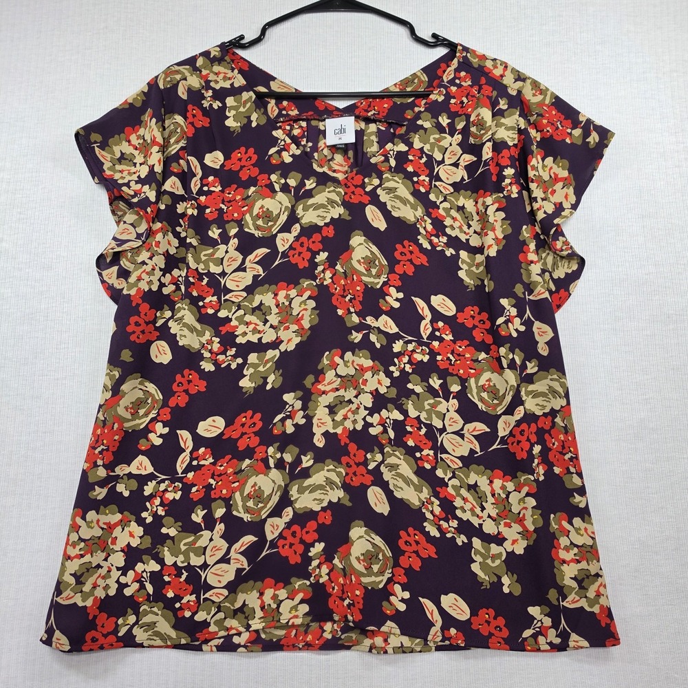 Cabi Purple Floral Pleated V-Neck Short Sleeve Blouse M Whimsigoth Cottagecore